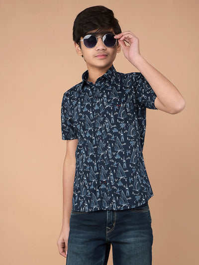 Navy Blue Printed Shirt-Boys Shirts-Crimsoune Club