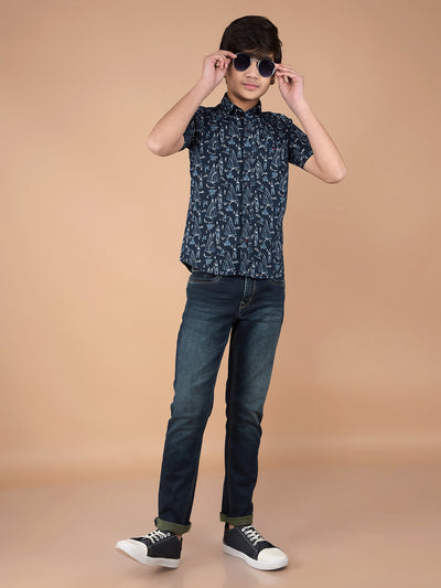 Navy Blue Printed Shirt-Boys Shirts-Crimsoune Club