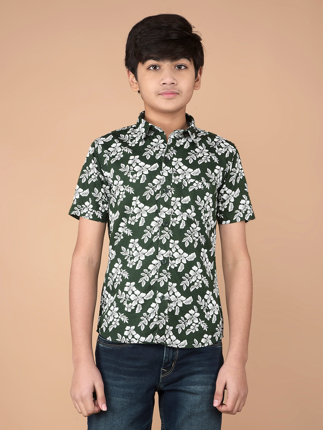 Green Floral Print 100% Cotton Shirt-Boys Shirts-Crimsoune Club