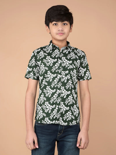 Green Floral Print 100% Cotton Shirt-Boys Shirts-Crimsoune Club
