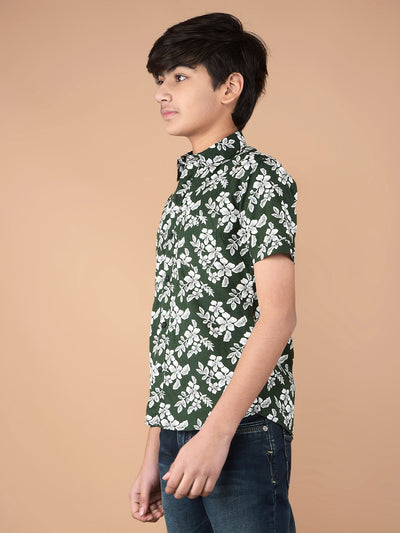 Green Floral Print 100% Cotton Shirt-Boys Shirts-Crimsoune Club