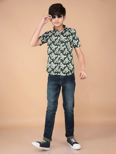 Green Floral Print 100% Cotton Shirt-Boys Shirts-Crimsoune Club