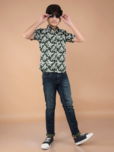 Green Floral Print 100% Cotton Shirt-Boys Shirts-Crimsoune Club