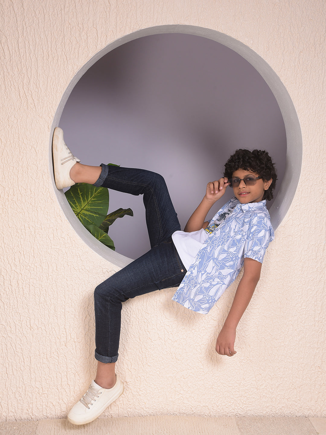 Blue Printed 100% Cotton Shirt & Tee Set Layered Look-Boys Shirts-Crimsoune Club
