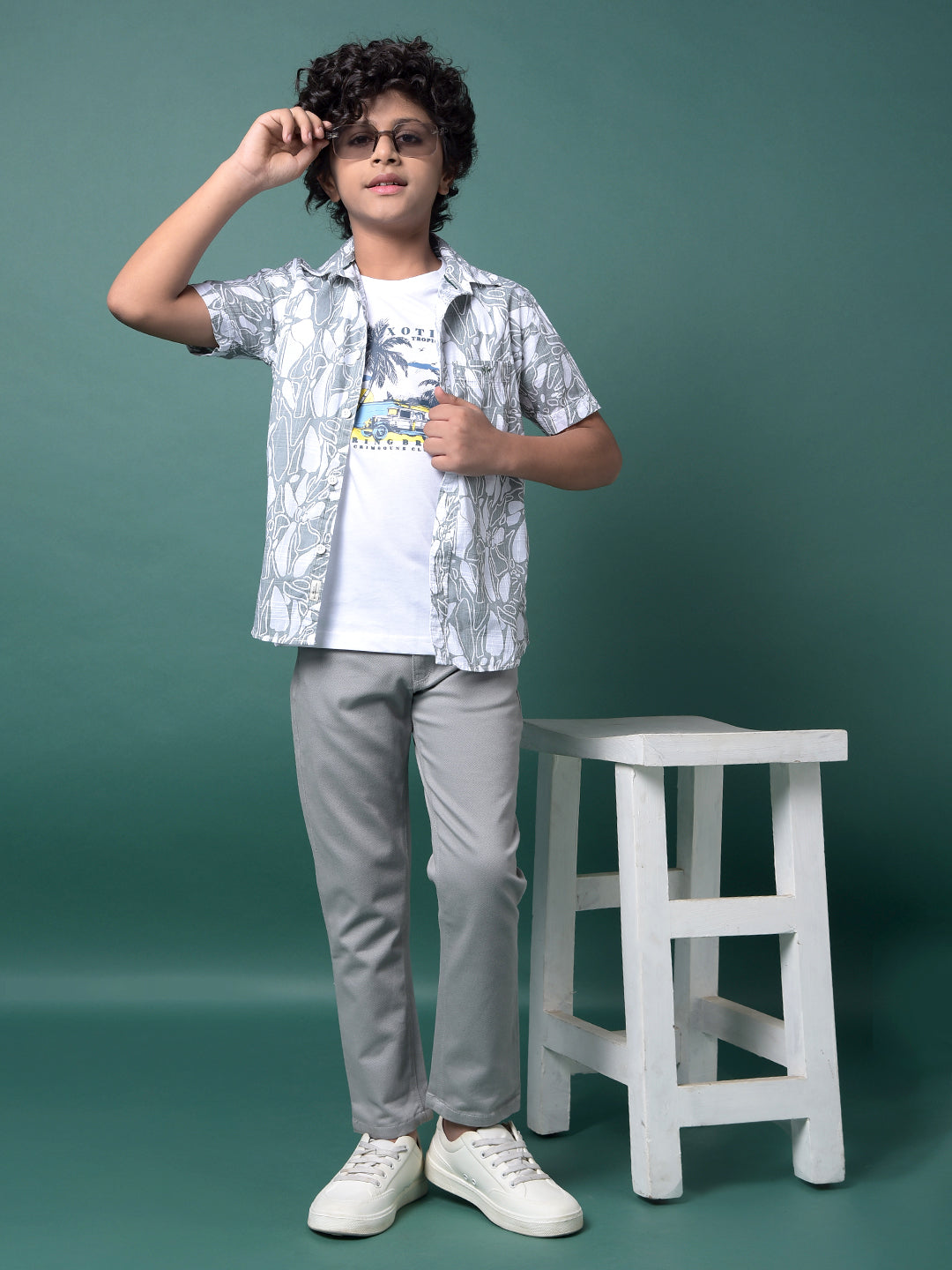 Green 100% Cotton Shirt & Tee Set Printed Layered Look-Boys Shirts-Crimsoune Club