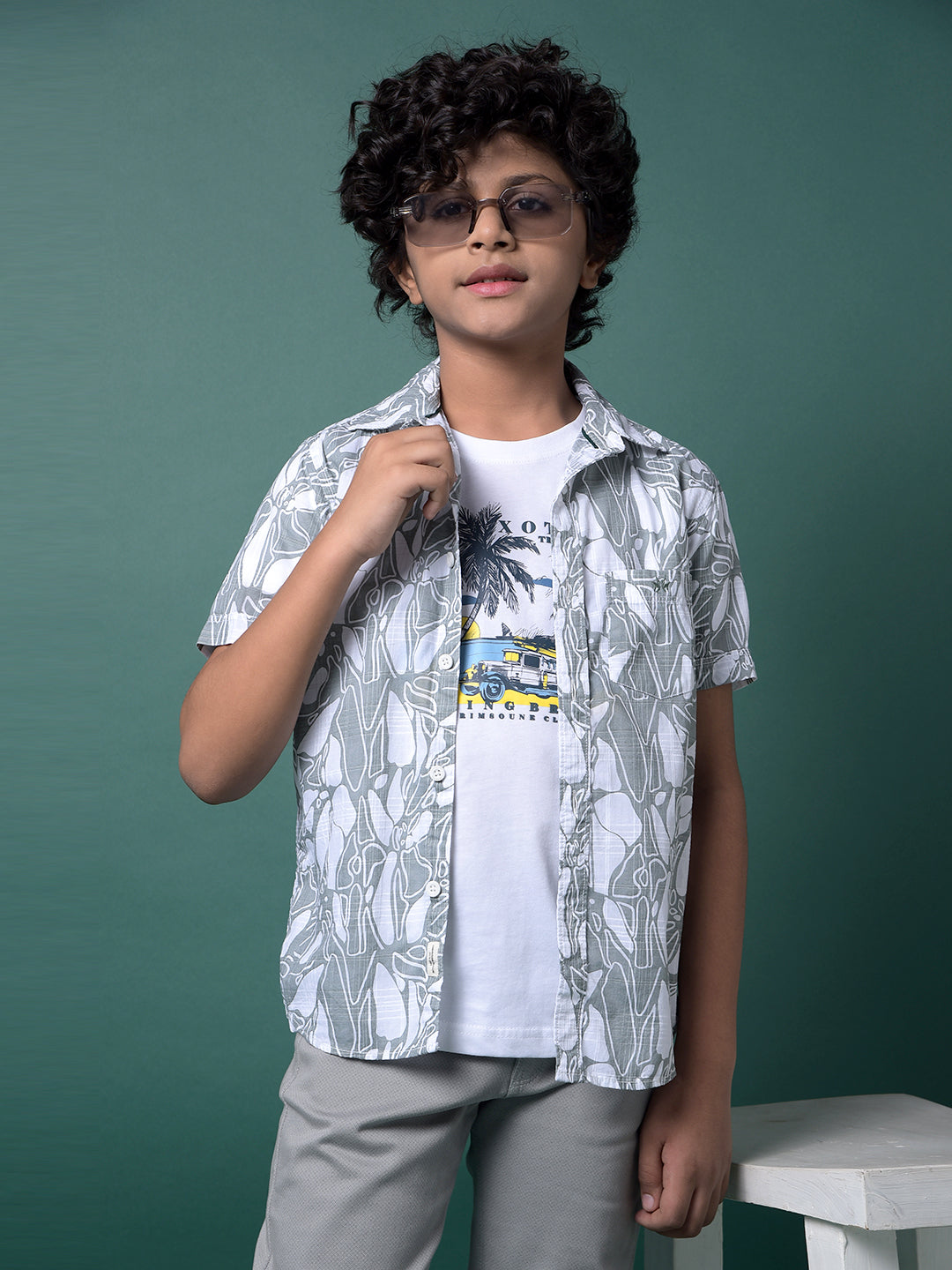 Green 100% Cotton Shirt & Tee Set Printed Layered Look-Boys Shirts-Crimsoune Club