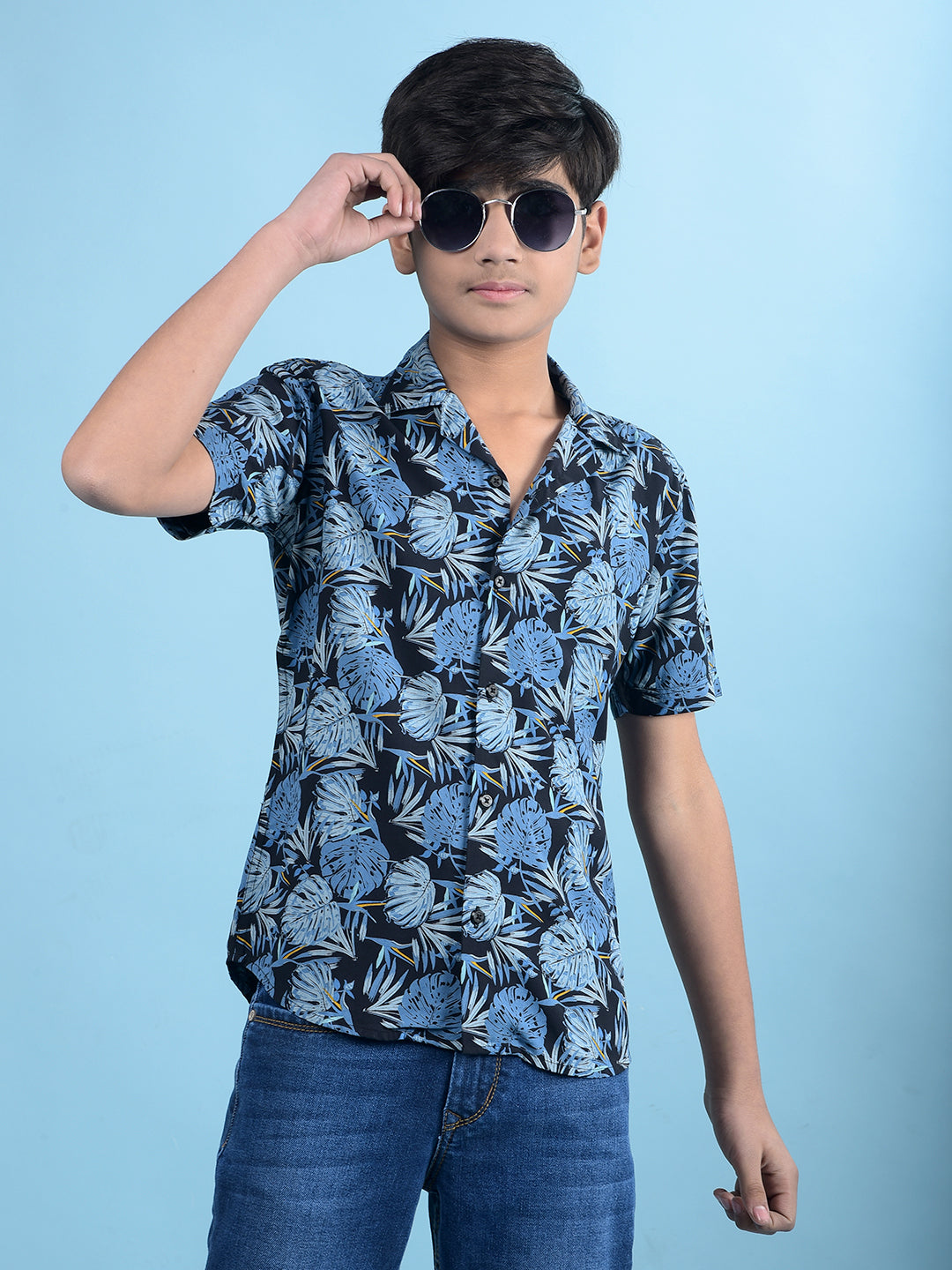 Blue Floral Print Resort Collar Shirt-Boys Shirts-Crimsoune Club