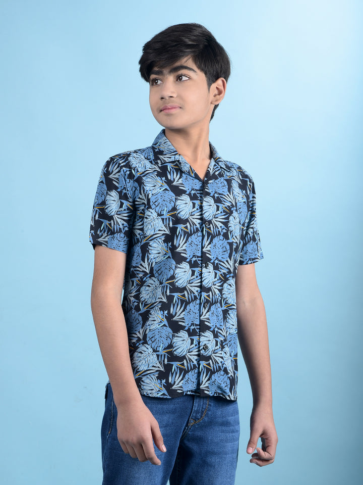 Blue Floral Print Resort Collar Shirt-Boys Shirts-Crimsoune Club