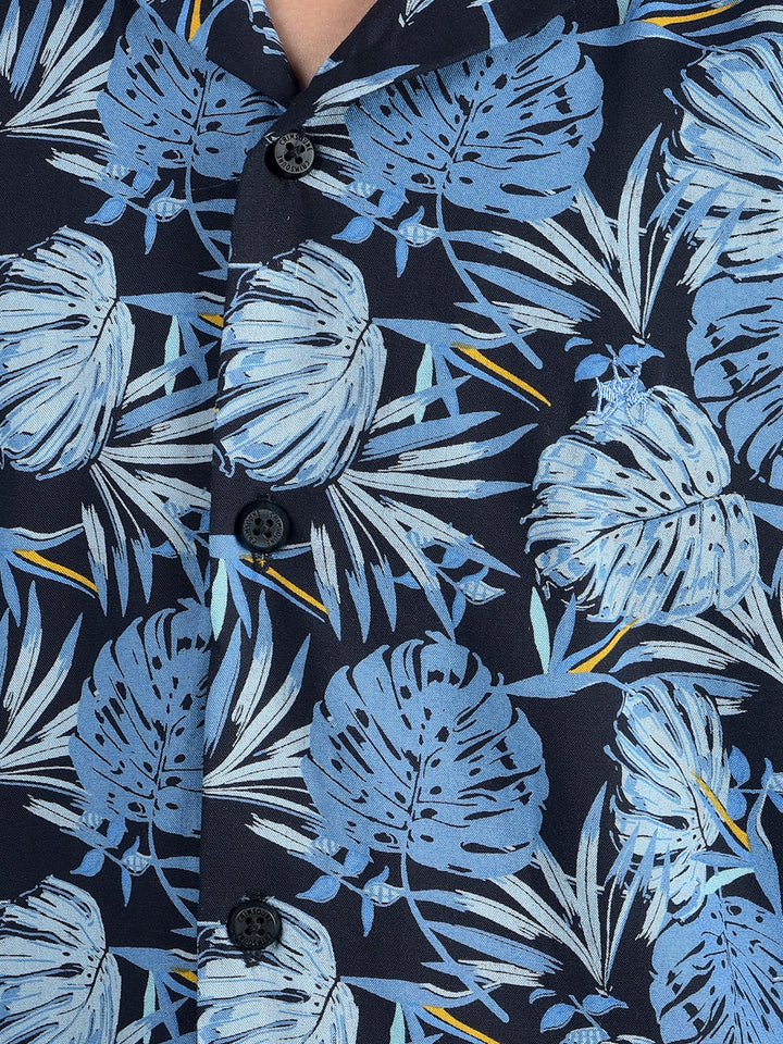 Blue Floral Print Resort Collar Shirt-Boys Shirts-Crimsoune Club