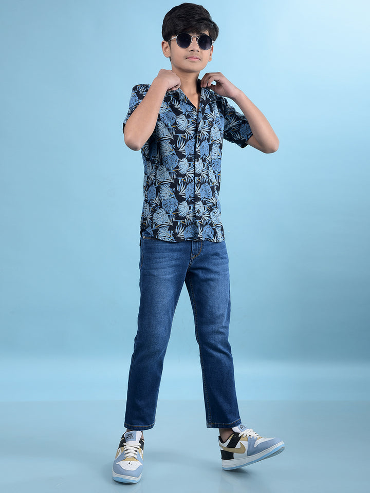 Blue Floral Print Resort Collar Shirt-Boys Shirts-Crimsoune Club