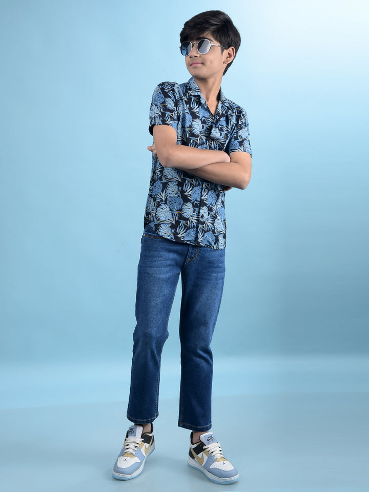 Blue Floral Print Resort Collar Shirt-Boys Shirts-Crimsoune Club