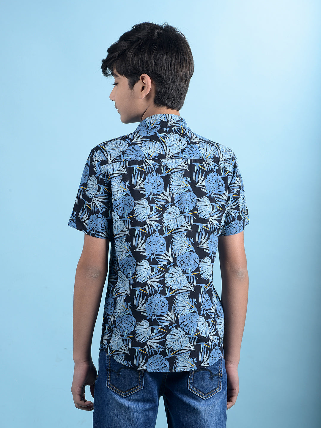 Blue Floral Print Resort Collar Shirt-Boys Shirts-Crimsoune Club