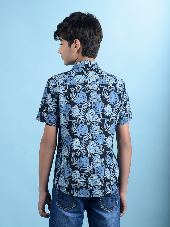 Blue Floral Print Resort Collar Shirt-Boys Shirts-Crimsoune Club
