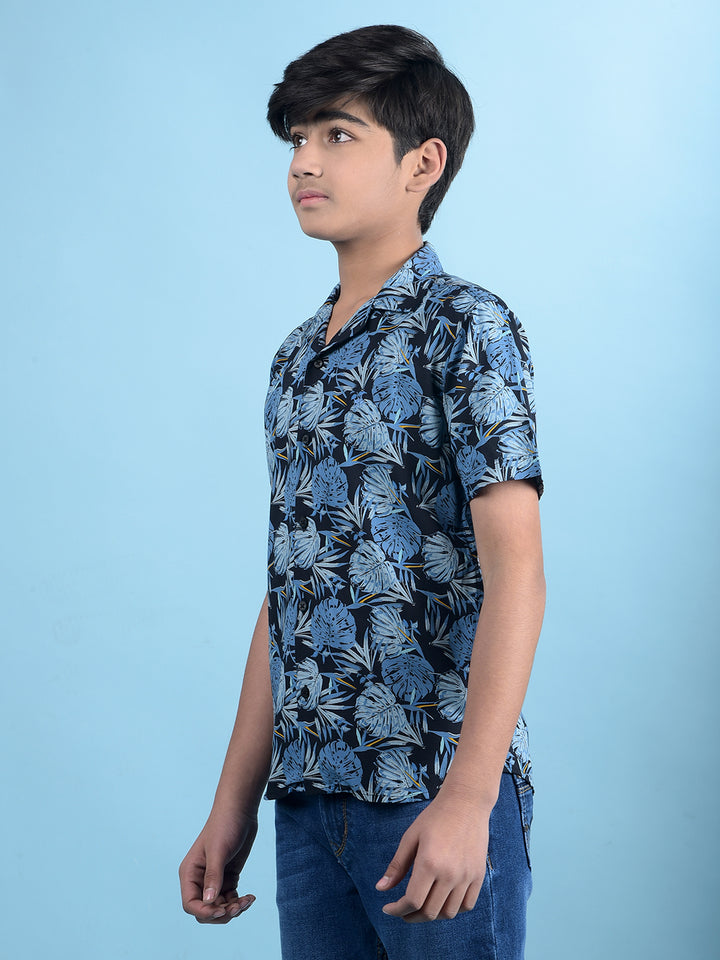 Blue Floral Print Resort Collar Shirt-Boys Shirts-Crimsoune Club