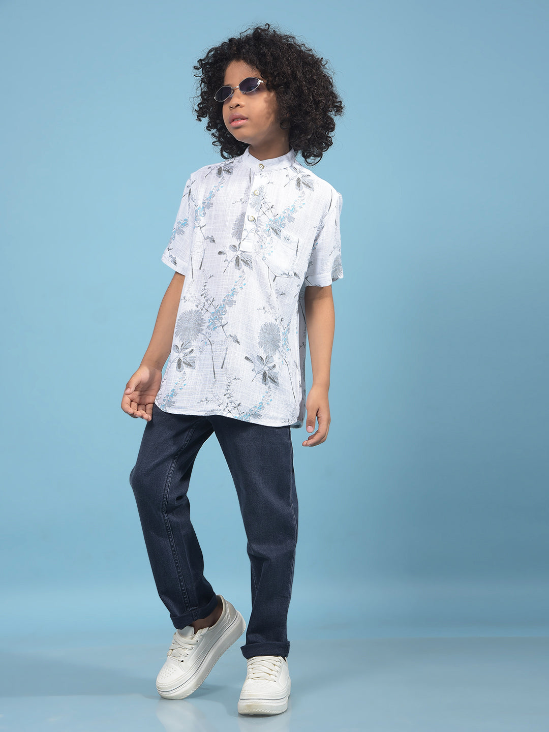 Grey Floral Print Linen Kurta-Boys Kurtas-Crimsoune Club