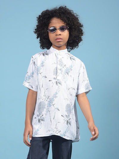 Grey Floral Print Linen Kurta-Boys Kurtas-Crimsoune Club