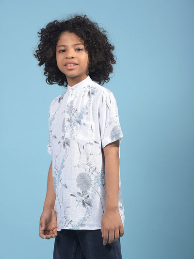 Grey Floral Print Linen Kurta-Boys Kurtas-Crimsoune Club