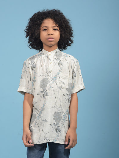 Grey Floral Print Linen Kurta-Boys Kurtas-Crimsoune Club