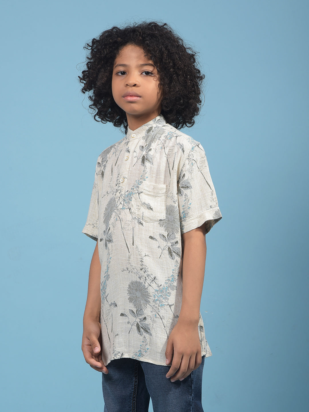 Grey Floral Print Linen Kurta-Boys Kurtas-Crimsoune Club