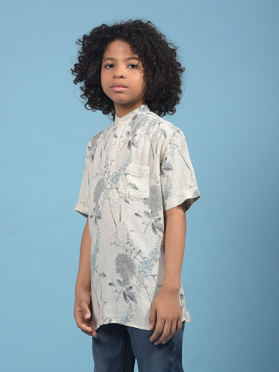 Grey Floral Print Linen Kurta-Boys Kurtas-Crimsoune Club