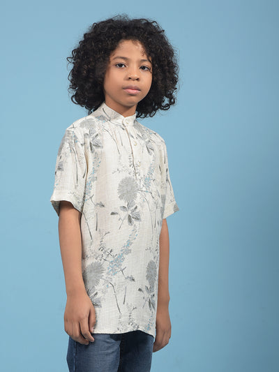 Grey Floral Print Linen Kurta-Boys Kurtas-Crimsoune Club