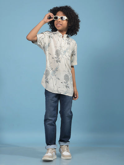 Grey Floral Print Linen Kurta-Boys Kurtas-Crimsoune Club