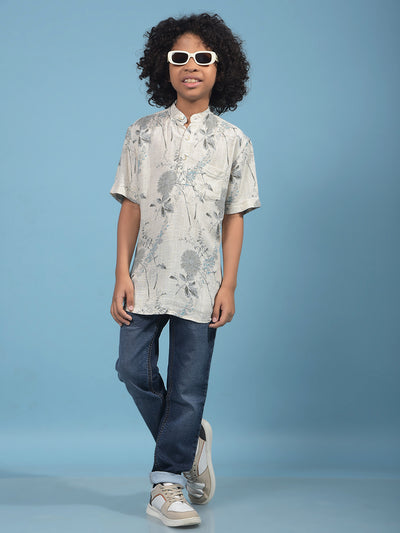 Grey Floral Print Linen Kurta-Boys Kurtas-Crimsoune Club