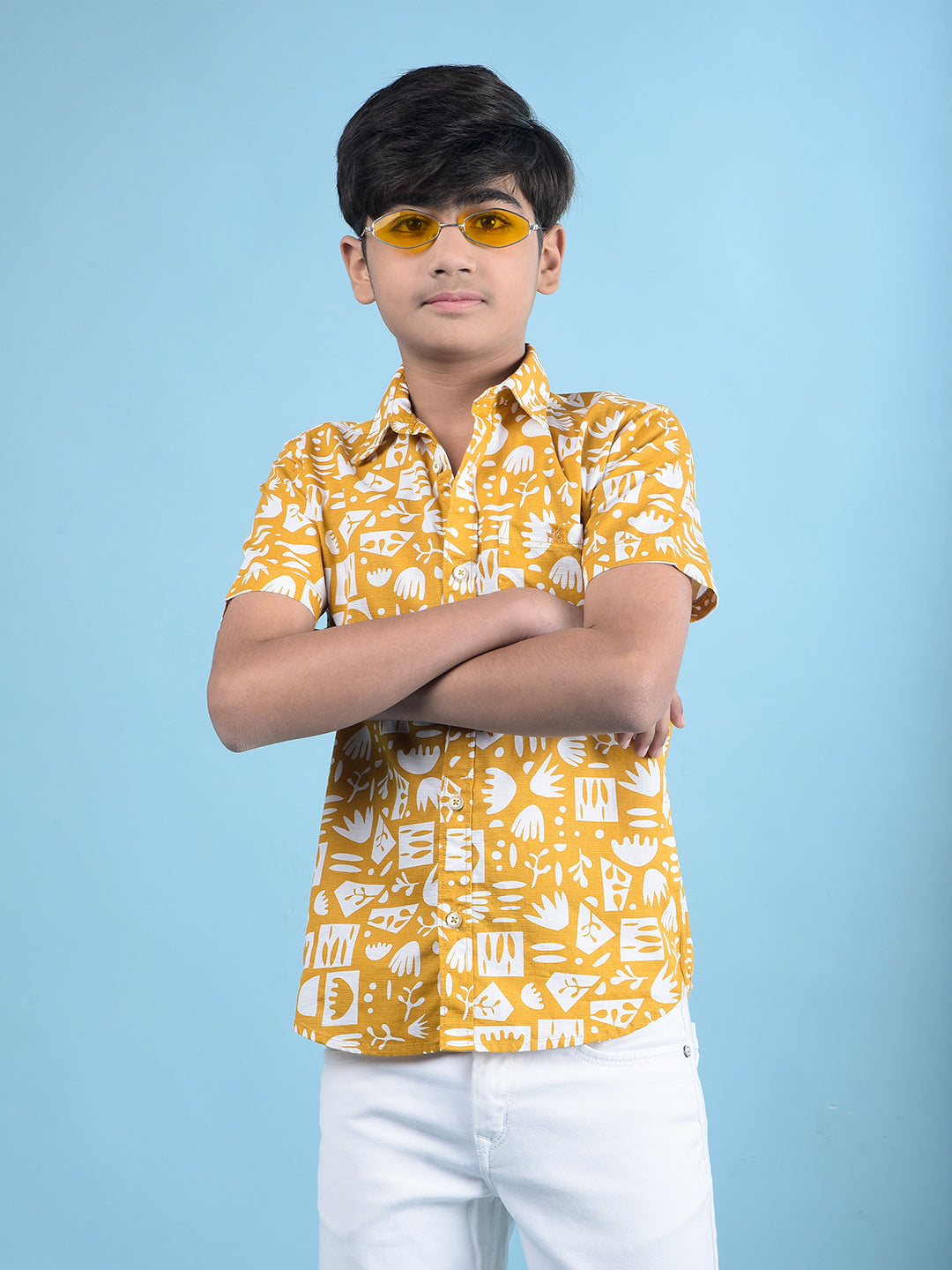 Mustard Printed 100% Cotton Button-Down Collar Shirt-Boys Shirts-Crimsoune Club