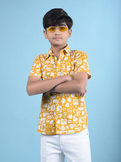 Mustard Printed 100% Cotton Button-Down Collar Shirt-Boys Shirts-Crimsoune Club