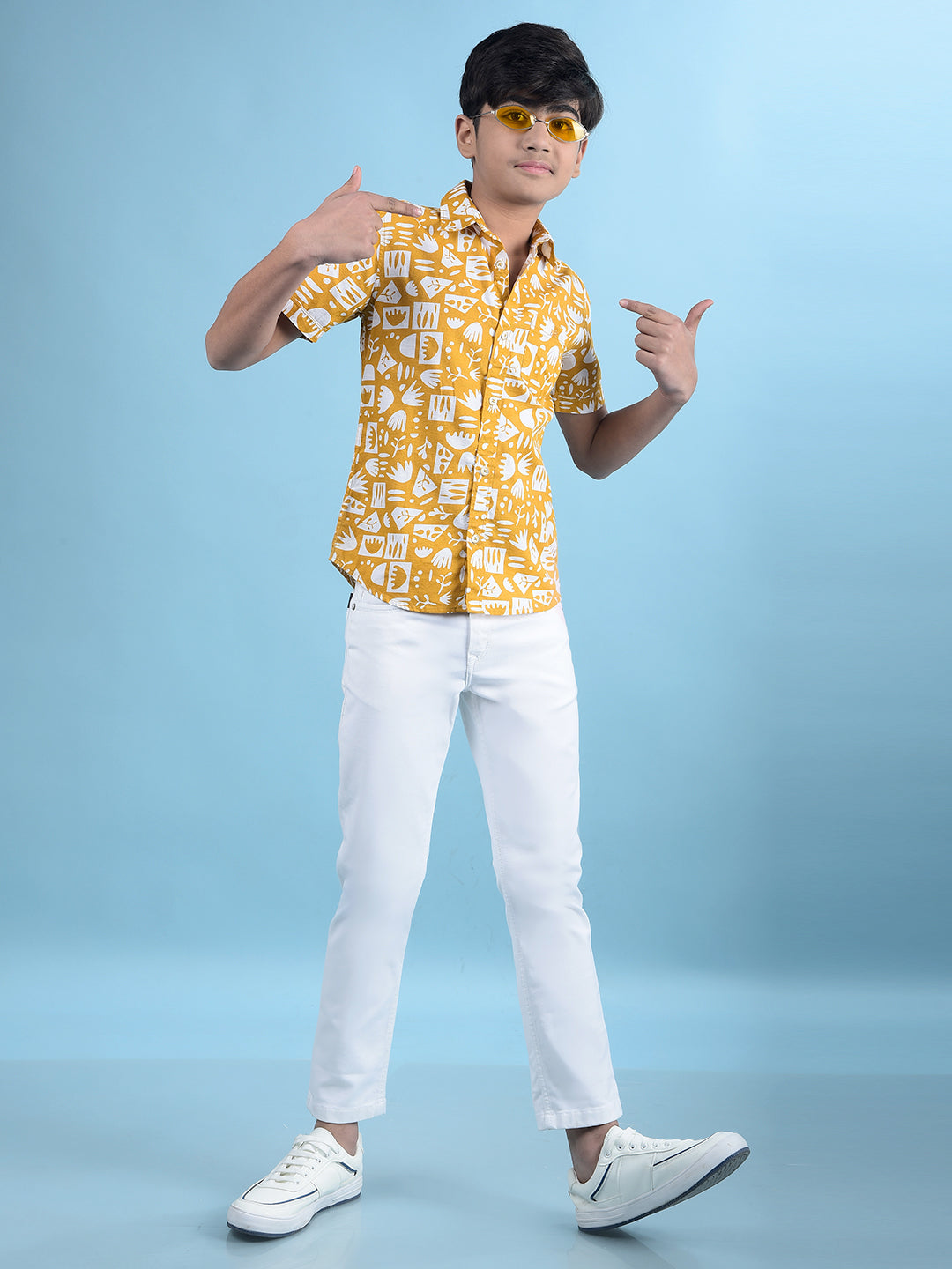 Mustard Printed 100% Cotton Button-Down Collar Shirt-Boys Shirts-Crimsoune Club