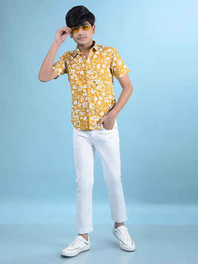 Mustard Printed 100% Cotton Button-Down Collar Shirt-Boys Shirts-Crimsoune Club