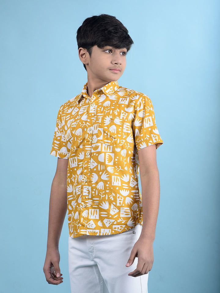 Mustard Printed 100% Cotton Button-Down Collar Shirt-Boys Shirts-Crimsoune Club