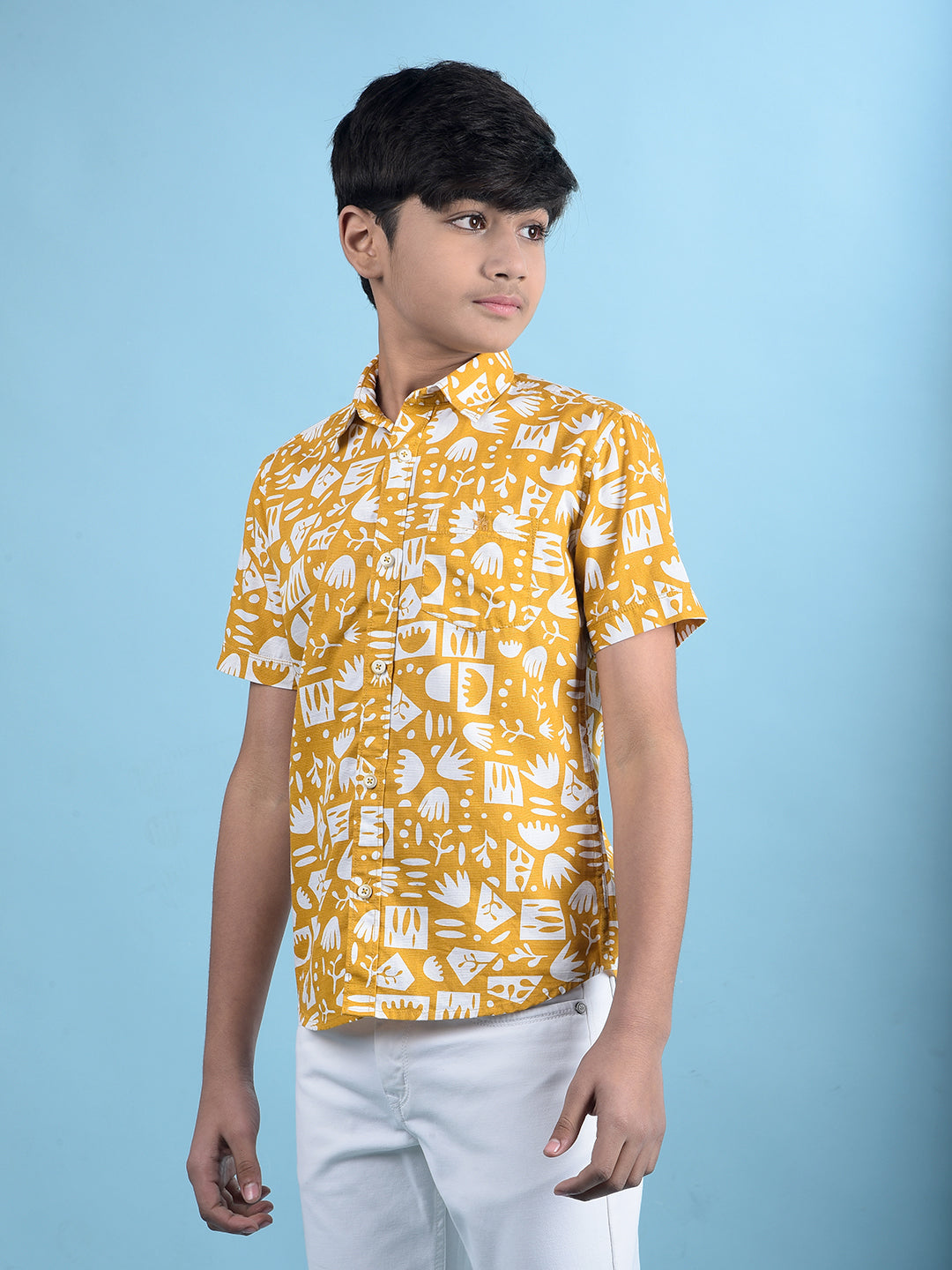 Mustard Printed 100% Cotton Button-Down Collar Shirt-Boys Shirts-Crimsoune Club