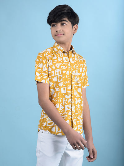 Mustard Printed 100% Cotton Button-Down Collar Shirt-Boys Shirts-Crimsoune Club