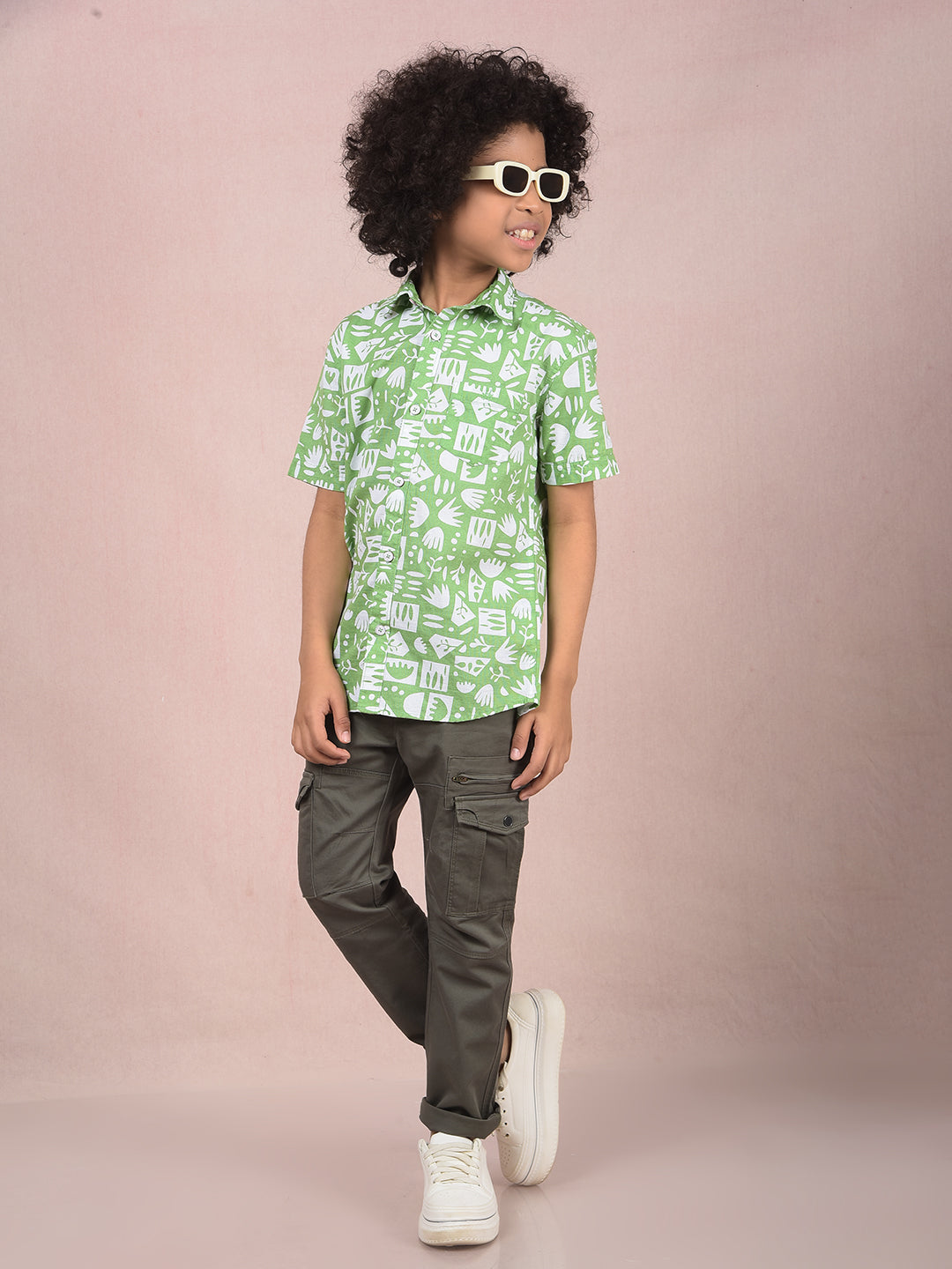 Green Printed 100% Cotton Shirt-Boys Shirts-Crimsoune Club