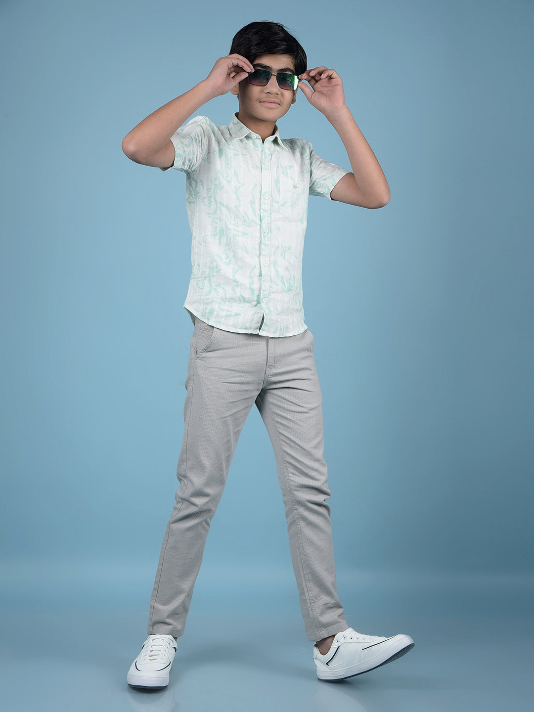 Green Printed 100% Cotton Button-Down Collar Shirt-Boys Shirts-Crimsoune Club