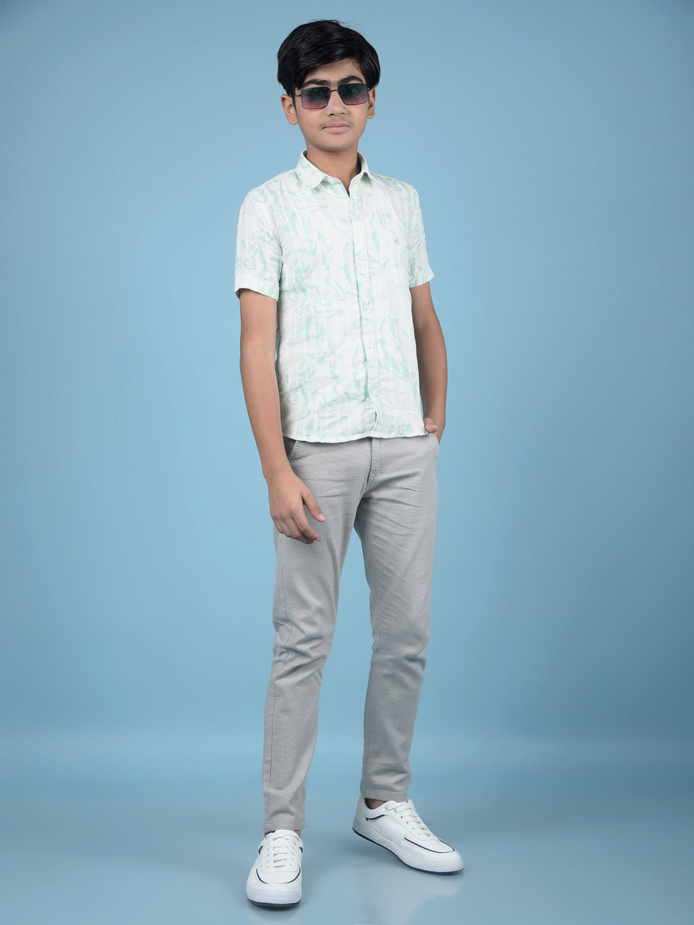 Green Printed 100% Cotton Button-Down Collar Shirt-Boys Shirts-Crimsoune Club