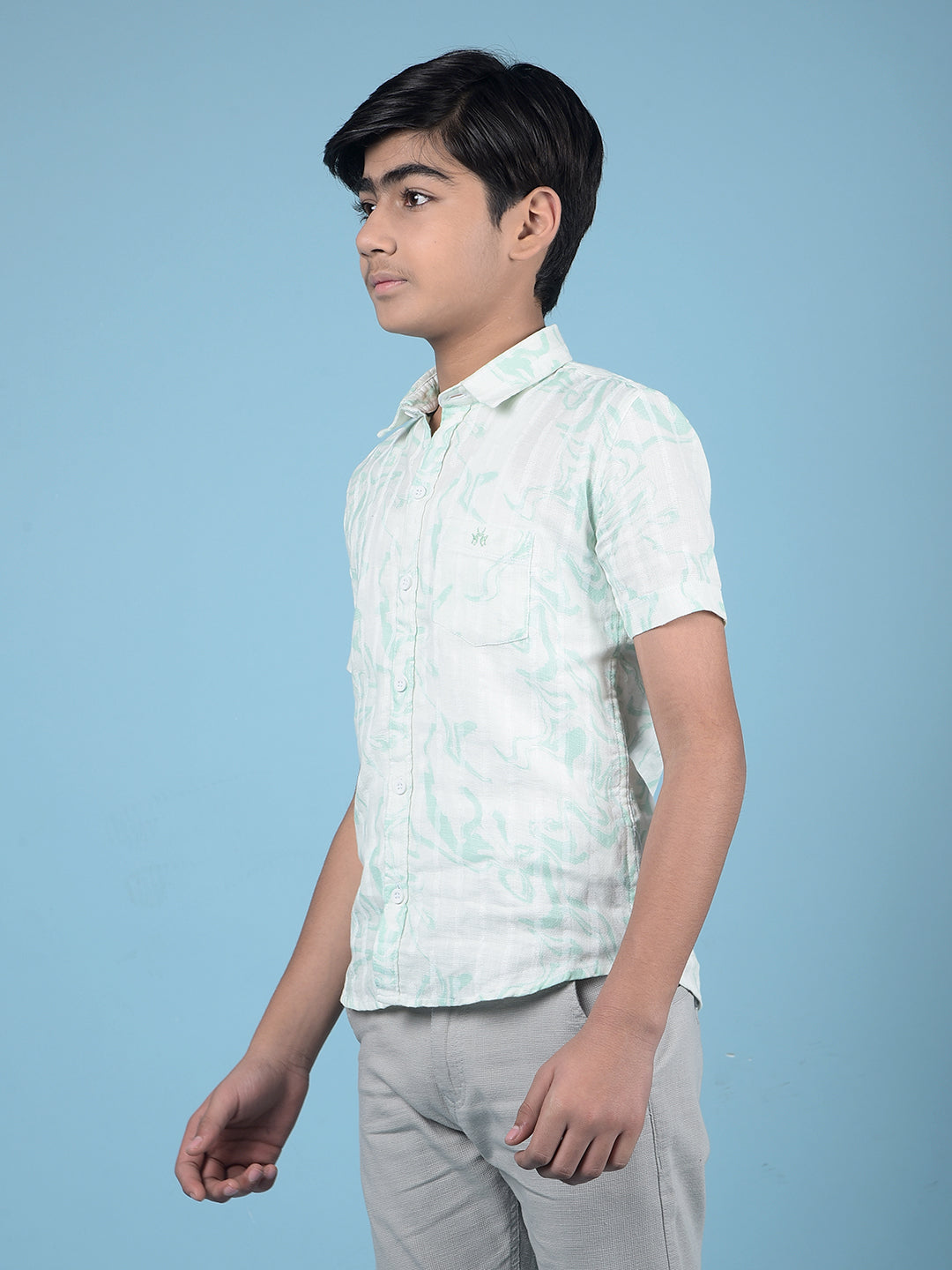 Green Printed 100% Cotton Button-Down Collar Shirt-Boys Shirts-Crimsoune Club