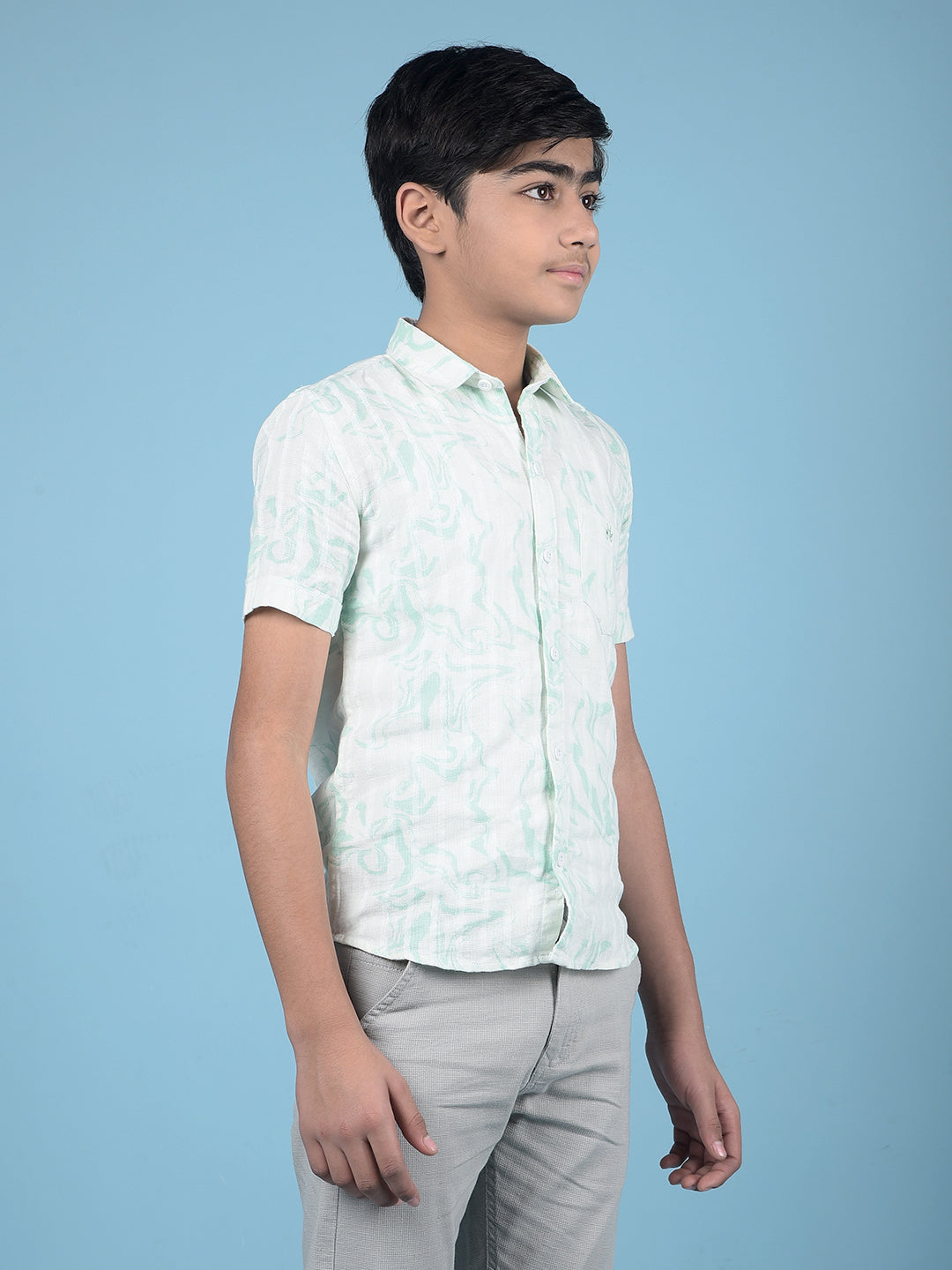 Green Printed 100% Cotton Button-Down Collar Shirt-Boys Shirts-Crimsoune Club