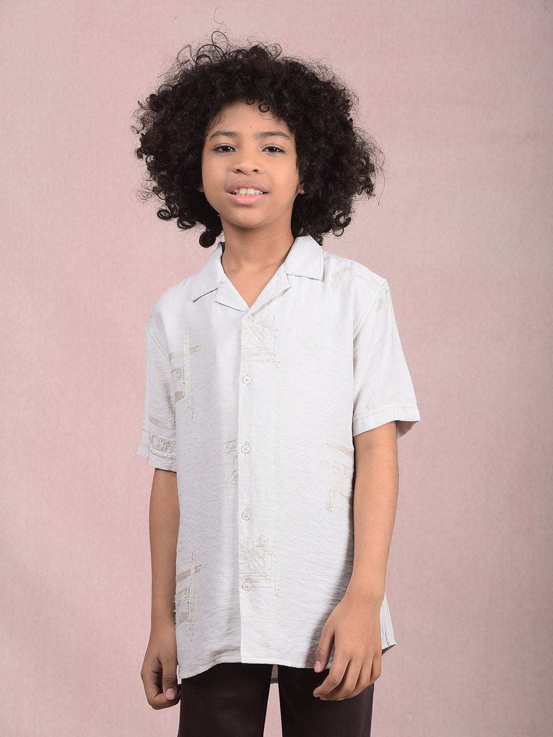 Off White Embroidered Cuban Collar Shirt-Boys Shirts-Crimsoune Club
