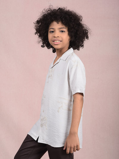 Off White Embroidered Cuban Collar Shirt-Boys Shirts-Crimsoune Club