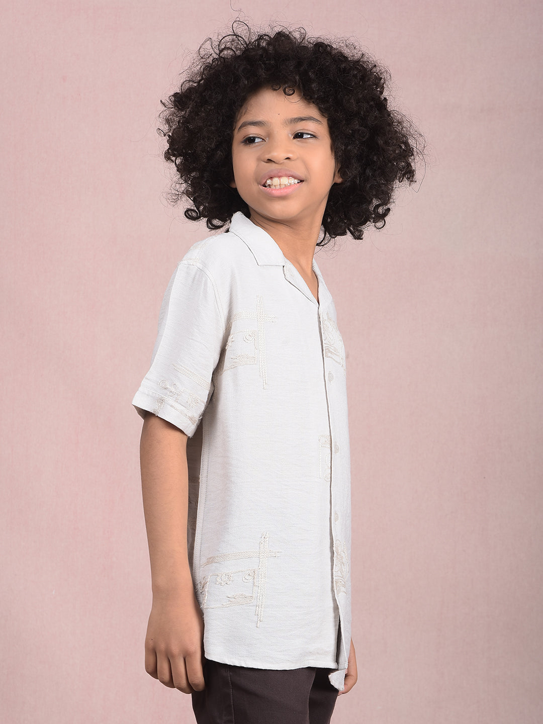 Off White Embroidered Cuban Collar Shirt-Boys Shirts-Crimsoune Club