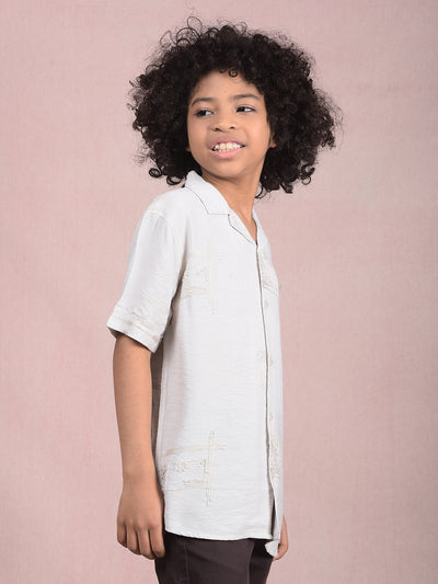Off White Embroidered Cuban Collar Shirt-Boys Shirts-Crimsoune Club