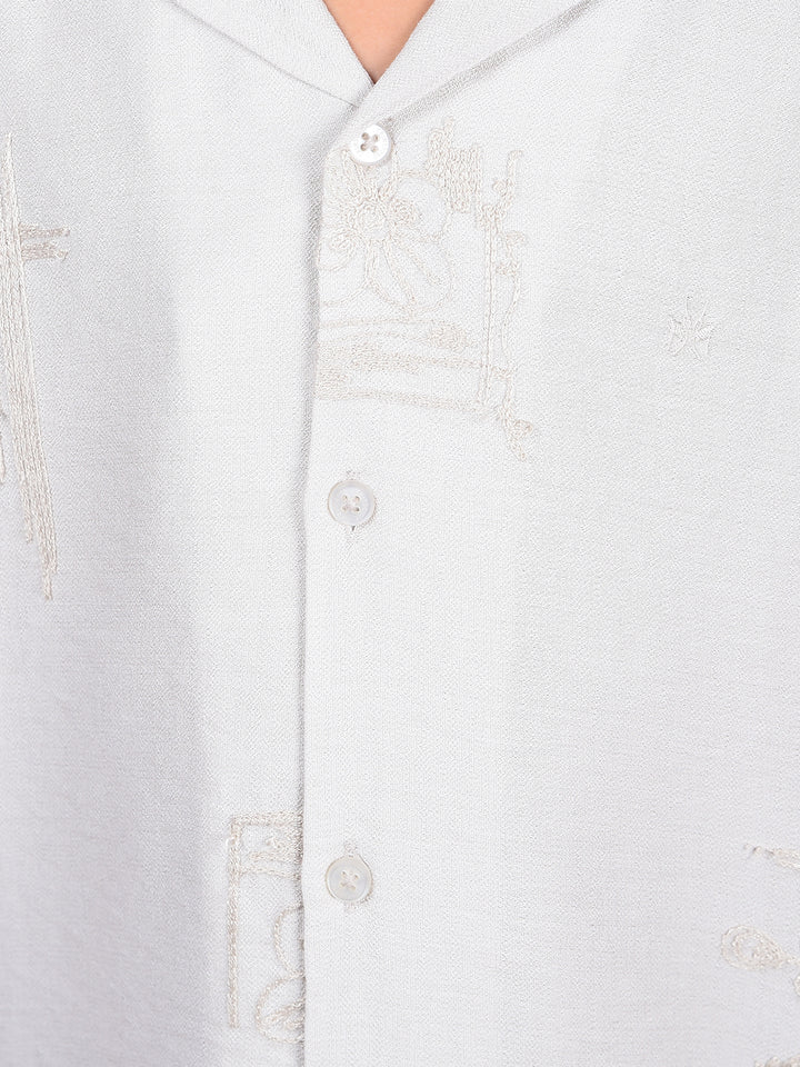 Off White Embroidered Cuban Collar Shirt-Boys Shirts-Crimsoune Club