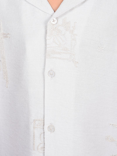 Off White Embroidered Cuban Collar Shirt-Boys Shirts-Crimsoune Club