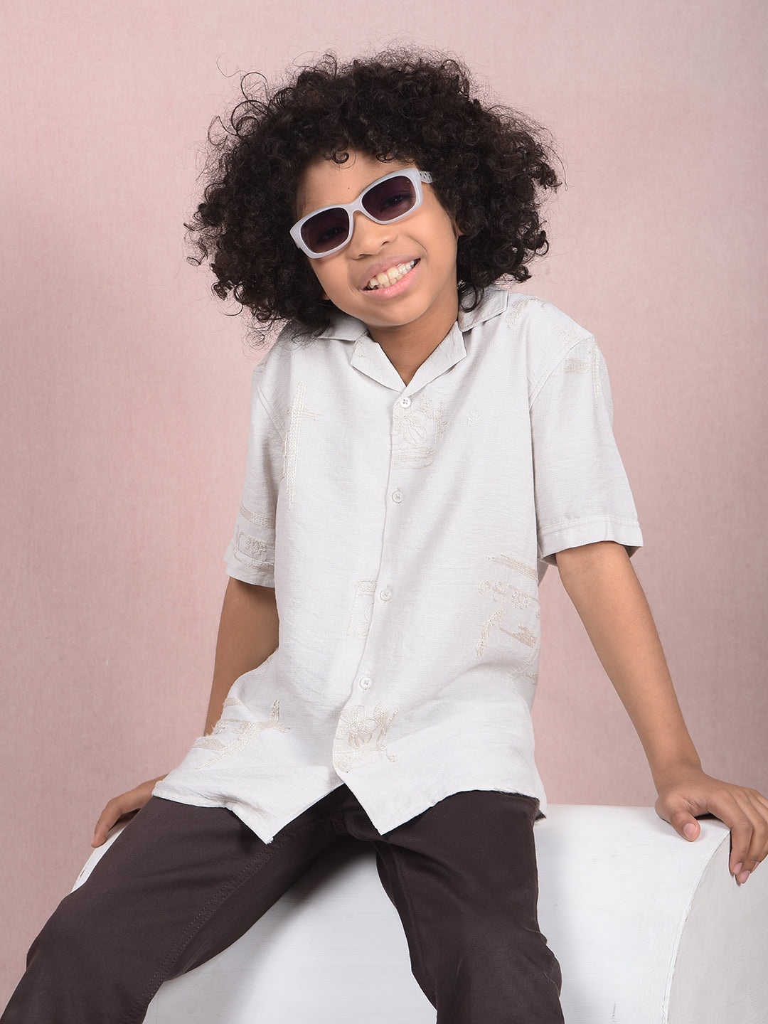 Off White Embroidered Cuban Collar Shirt-Boys Shirts-Crimsoune Club