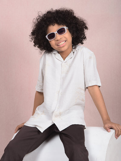Off White Embroidered Cuban Collar Shirt-Boys Shirts-Crimsoune Club