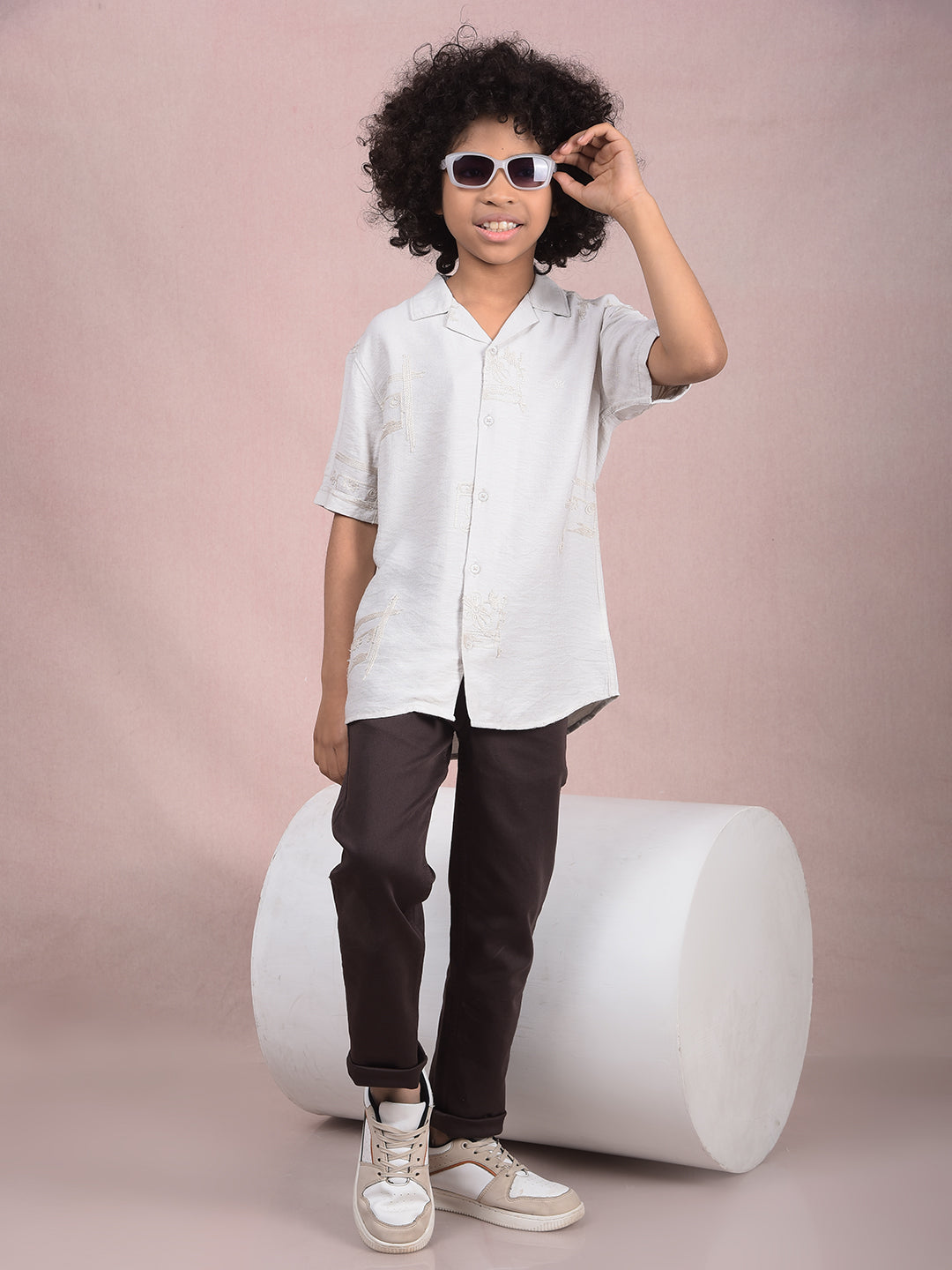 Off White Embroidered Cuban Collar Shirt-Boys Shirts-Crimsoune Club