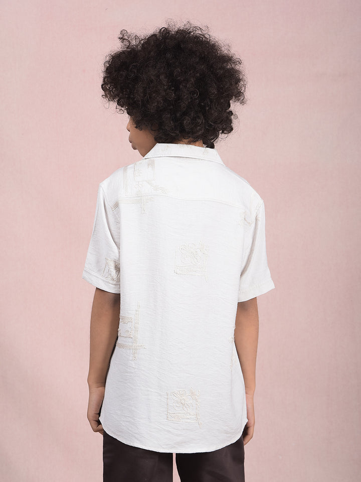 Off White Embroidered Cuban Collar Shirt-Boys Shirts-Crimsoune Club