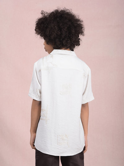Off White Embroidered Cuban Collar Shirt-Boys Shirts-Crimsoune Club